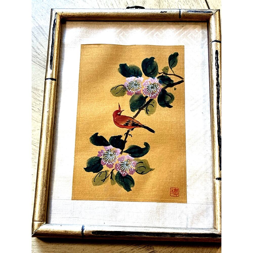 VTG Hand Painted Asian Silk Art Red Crested Bird Wildflowers Bamboo Frame MCM